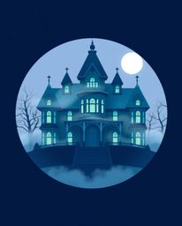 A captivating geometric logo design inspired by a fog-covered Victorian mansion bathed in moonlight.  The design incorporates