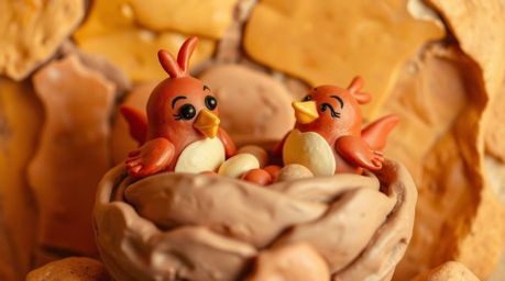 Explore the beauty of warm sculptural clay art featuring two cartoon birds in a classic animation style building a nest. Thi