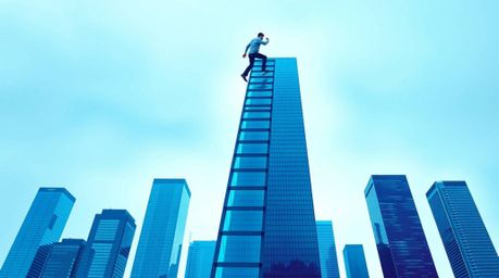 An abstract concept of success is depicted through a businessperson ascending a transparent ladder that disappears into a vib