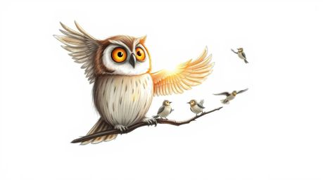 A captivating image depicting a blind owl, rendered in a hand-drawn Pixar-esque style, leading birds in flight.  Feathers ill