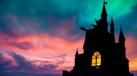 A classic Disney villain, silhouetted against a vibrant, electric colored sky, casts a spell in an old castle. The strong bac