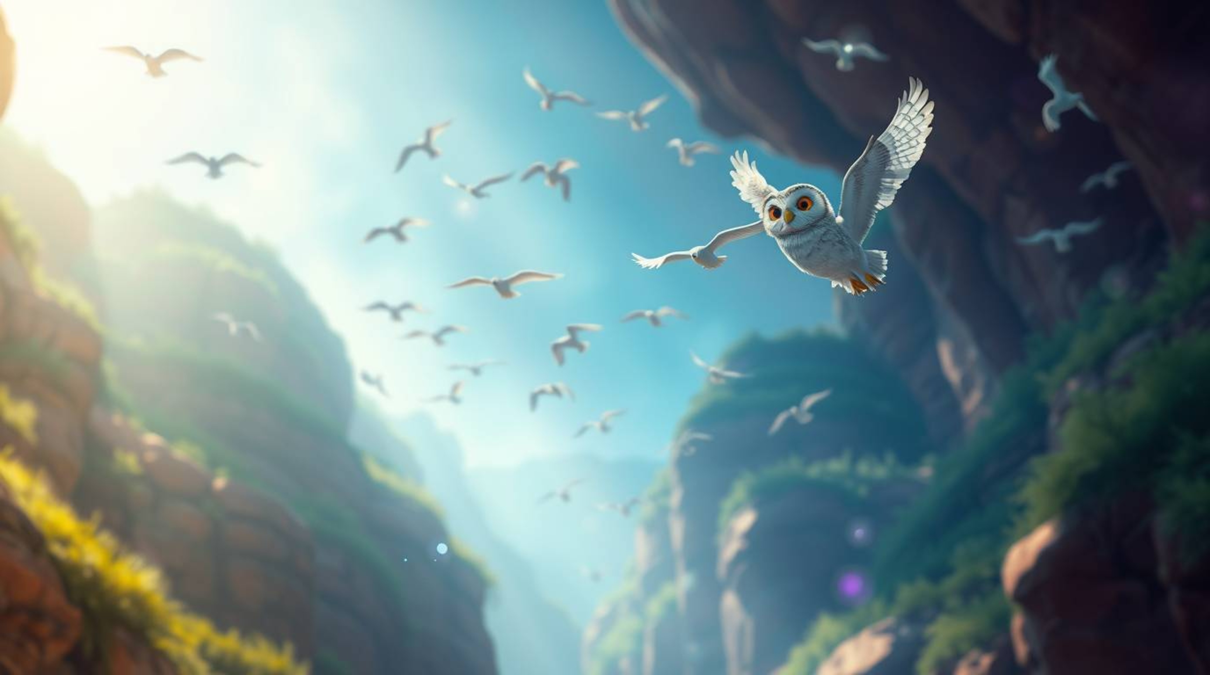 This long-exposure photograph, in the style of Pixar, depicts a blind owl with soft, feathery plumage teaching a flock of bir