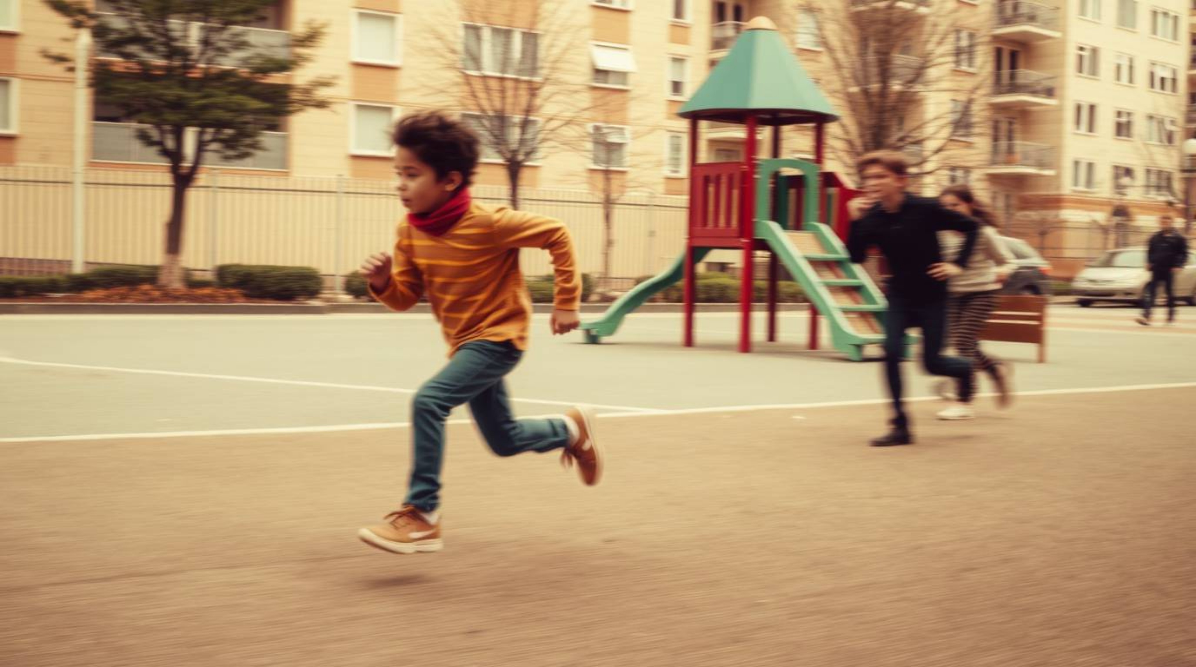 Capture the spontaneous energy of a dramatic slow-motion run through a playground, beautifully rendered in natural earth tone