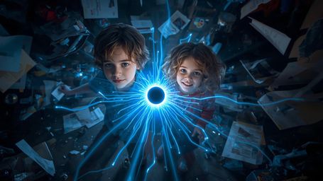 In a vibrant, cinematic photo with a stylized, Pixar-esque feel, two enthusiastic science fair students—a boy with bright blu