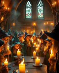 Enter a magical school illuminated by warm candlelight, where young wizards learn their craft within a gentle and soothing at