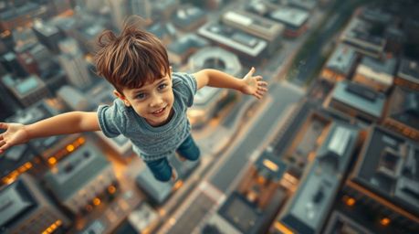 A captivating high-angle, long-exposure photograph depicts a young boy with tan skin soaring above the London skyline, dusted