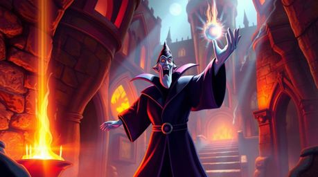 Immerse yourself in a vibrant digital painting featuring a classic Disney villain casting a powerful spell within the aged wa