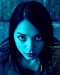 Explore a captivating digital glitch art portrait showcasing corrupted data in a pixelated style. This overhead birds-eye vie