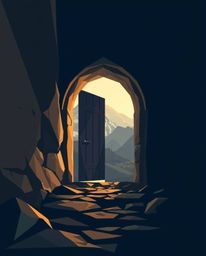 A geometric logo design inspired by an extreme macro close-up view of an ancient doorway glowing with runes embedded in a mou