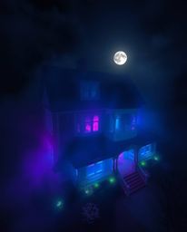 A captivating scene unfolds with a fog-laden Victorian mansion bathed in moonlight. Bioluminescent colors emanate, illuminati