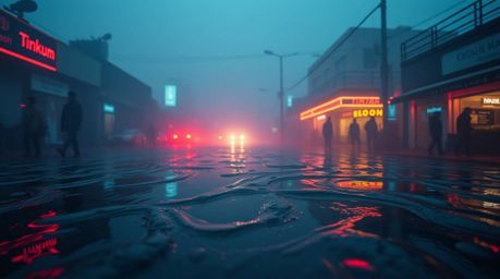 Explore the unsettling beauty of candid street photography bathed in neon gradient textures flowing across liquid surfaces. T