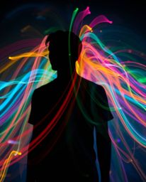 This stunning long exposure photograph captures a human silhouette formed from vibrant and dynamic colorful splash patterns. 