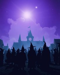 A magical school silhouetted against a deep ultraviolet sky, filled with young wizards, creates a vivid scene dominated by pu