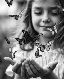 A captivating black and white close-up photograph showcasing a girl releasing butterflies, emphasizing intricate details and 