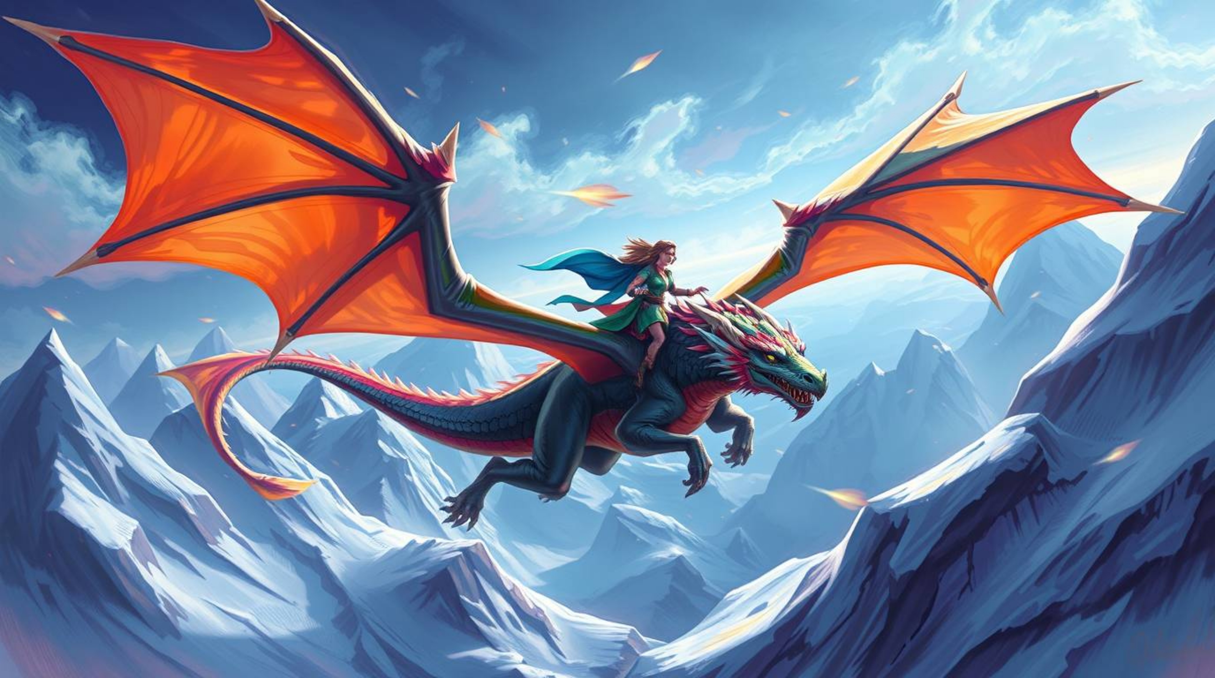 This stunning digital painting captures the dynamic energy of a dragon and rider soaring above a breathtaking landscape of ic