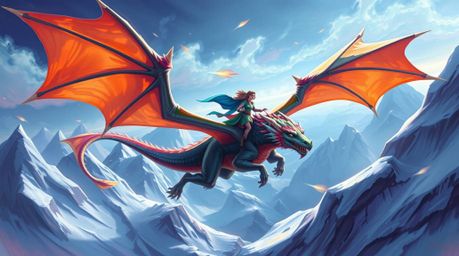 This stunning digital painting captures the dynamic energy of a dragon and rider soaring above a breathtaking landscape of ic