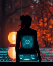 This stunning digital interface blends futuristic design with warm autumn hues. Silhouetted against a light source, geometric