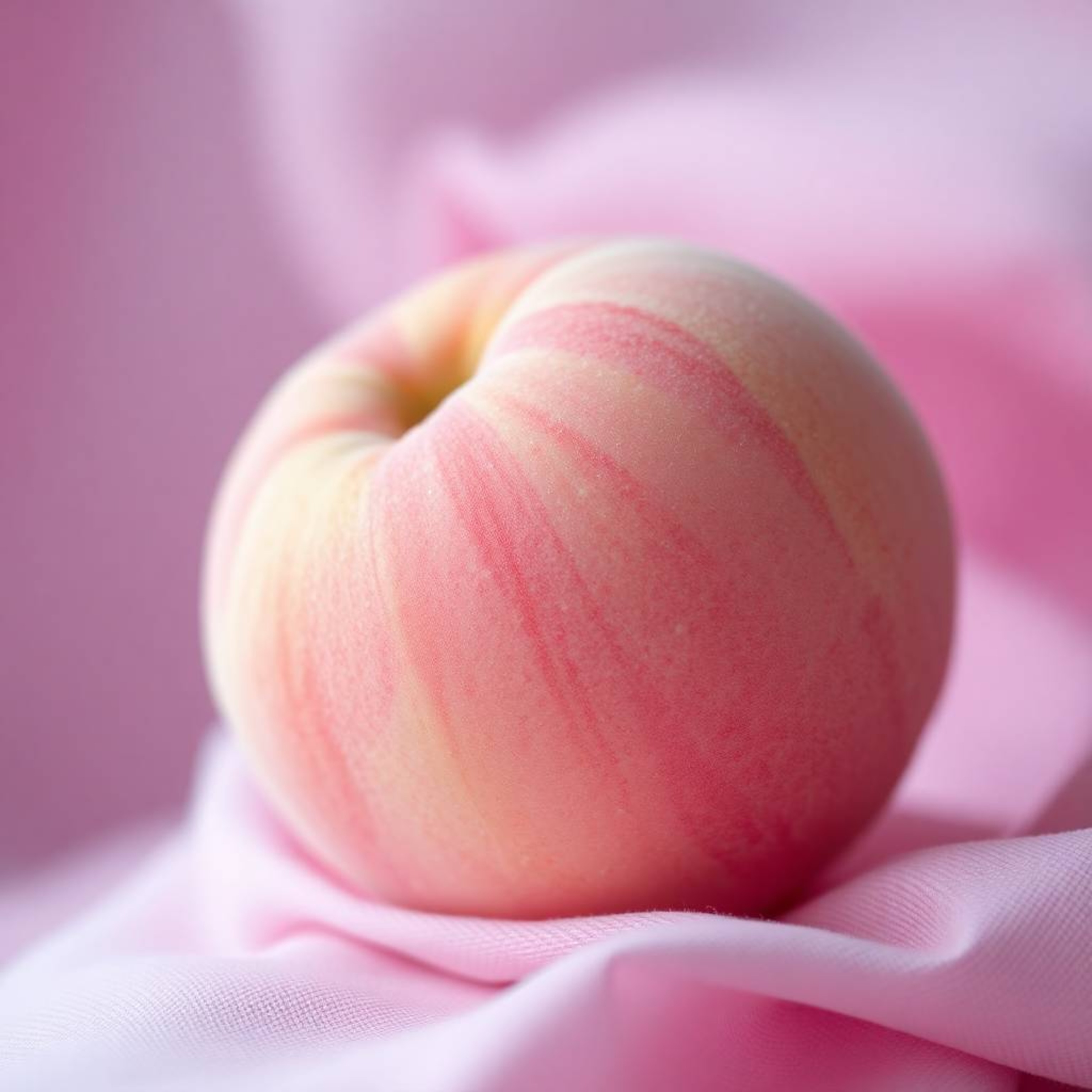 This high-resolution stock photo presents a captivating close-up ASMR image of a soft, blushing pink peach delicately placed 