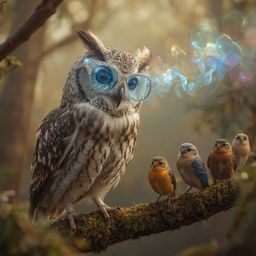 Experience the whimsical world of a blind owl with sleek grey and white feathers, adorned with stylish magical glasses boasti