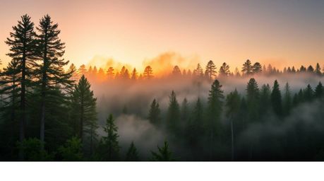 Capture the ethereal beauty of nature with this high-resolution stock photo featuring mist rising from a forest at golden hou