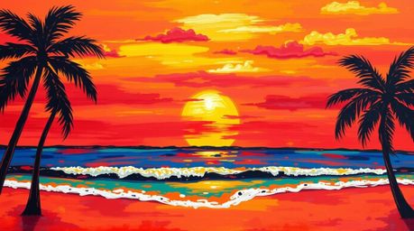 A warm, bold acrylic painting depicting a stunning tropical beach sunset.  Vibrant reds, oranges, and yellows create a textur