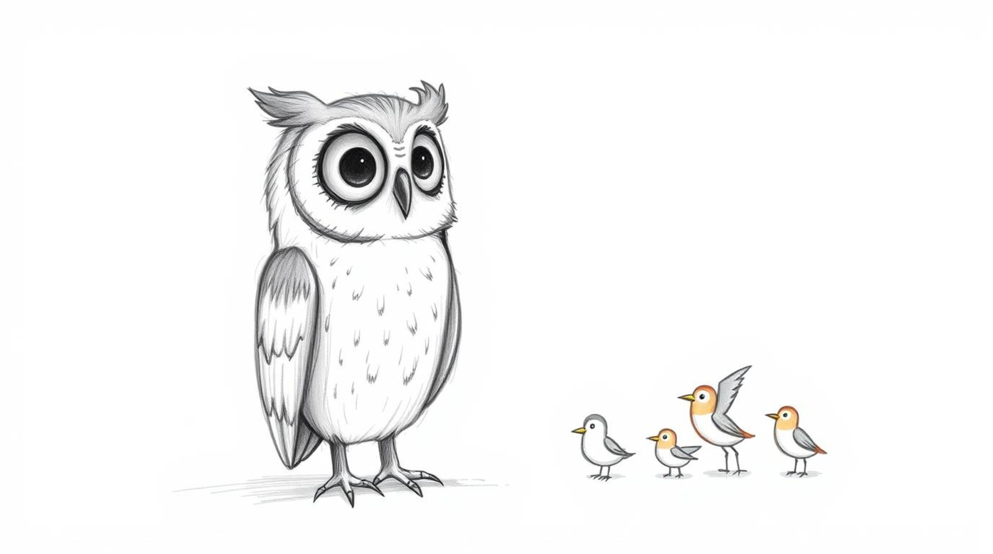 A heartwarming hand-drawn sketch in the style of Pixar depicts a gentle, wise, blind owl mentoring a flock of birds how to fl