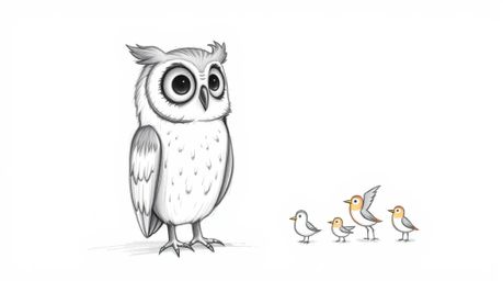 A heartwarming hand-drawn sketch in the style of Pixar depicts a gentle, wise, blind owl mentoring a flock of birds how to fl