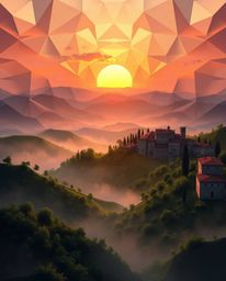 Digital painting: Epic scene, intricate origami style Tuscan sunset over misty rolling hills, folded paper look, geometric pr