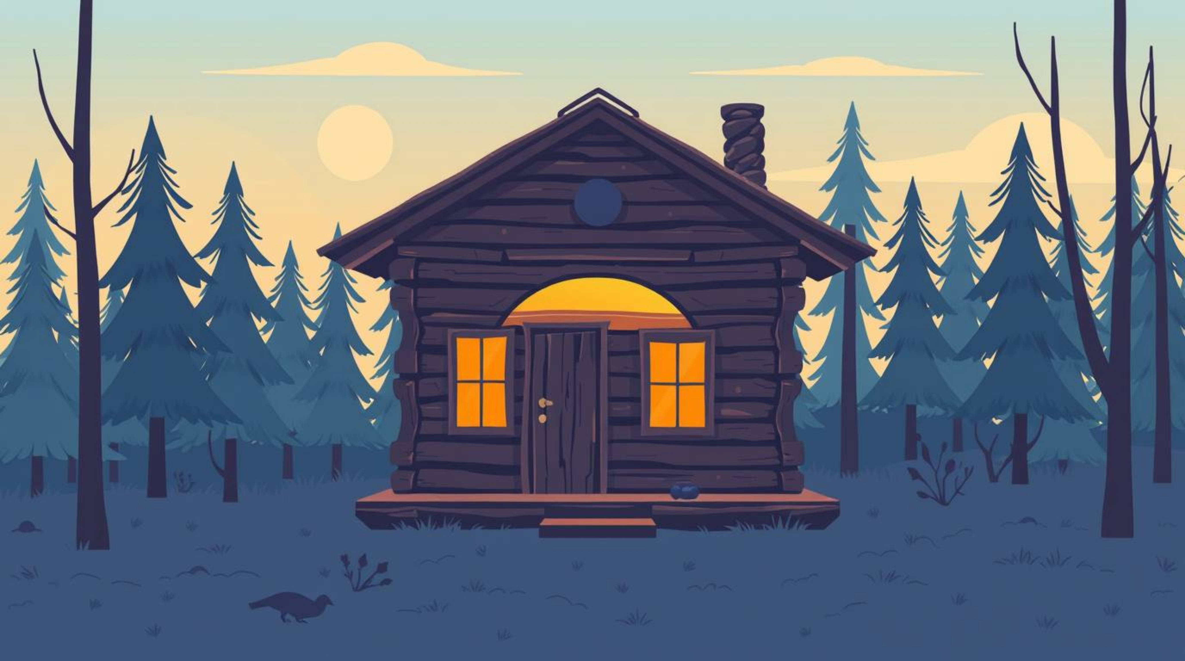 This modern flat design illustration captures the serene beauty of an old wooden cabin nestled in a sunset woods scene. Utili
