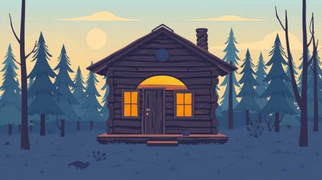 This modern flat design illustration captures the serene beauty of an old wooden cabin nestled in a sunset woods scene. Utili