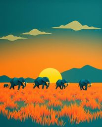 An intricate origami style creation of elephants walking across a field at sunset, featuring rich deep teal colors and geomet