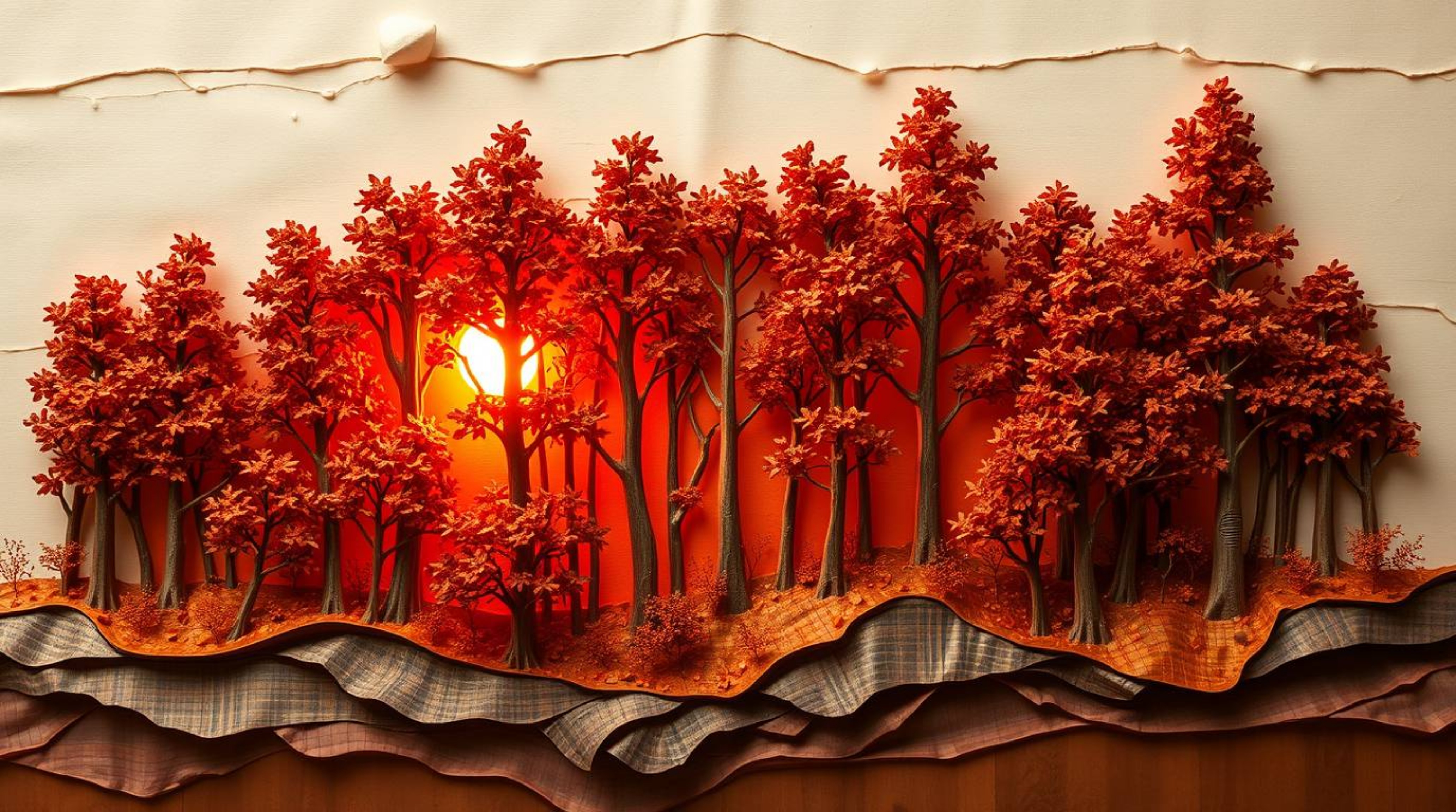 A captivating layered papier-mâché sculpture depicting an autumn forest bathed in the warm glow of a sunset. Iridescent color