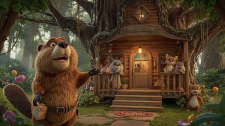 A high-resolution, professional-quality stock photo shows a beaver with shiny, brown fur and a tiny tool belt, standing trium