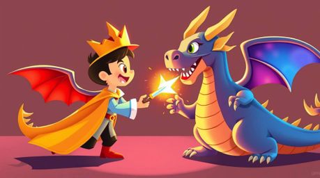 A charming prince battles a fierce dragon in this vibrant, modern flat design illustration.  Evoking the aesthetic of 1950s a