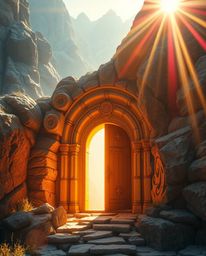 An ancient doorway glowing with runes, nestled into the mountainside, is bathed in warm golden light. Vibrant colors and brig