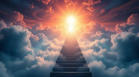 A captivating high-resolution stock photo depicts a surreal stairway ascending through smoky clouds towards a radiant celesti