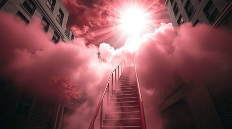 Explore the captivating realm of infrared street photography, showcasing a surreal stairway suspended amidst smoky clouds. Th