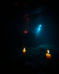 An underwater photograph capturing the haunting beauty of a shipwreck, subtly illuminated by flickering candlelight. The imag