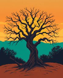 An illustration featuring a sunset behind an old oak tree with twisted branches, utilizing a striking contrast of warm terrac