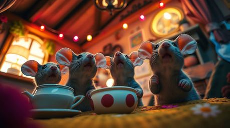 Experience a whimsical tea party in a cozy cottage with anthropomorphic mice, captured from a unique low-angle perspective. T