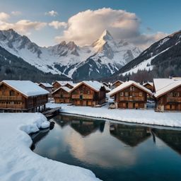 Discover a picturesque snow-covered Alpine village, complete with charming wooden chalets nestled beside a serene frozen lake