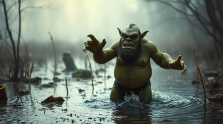 A cinematic soft-focus image portrays an ogre dancing vibrantly in a swamp, utilizing complementary colors and balanced tones