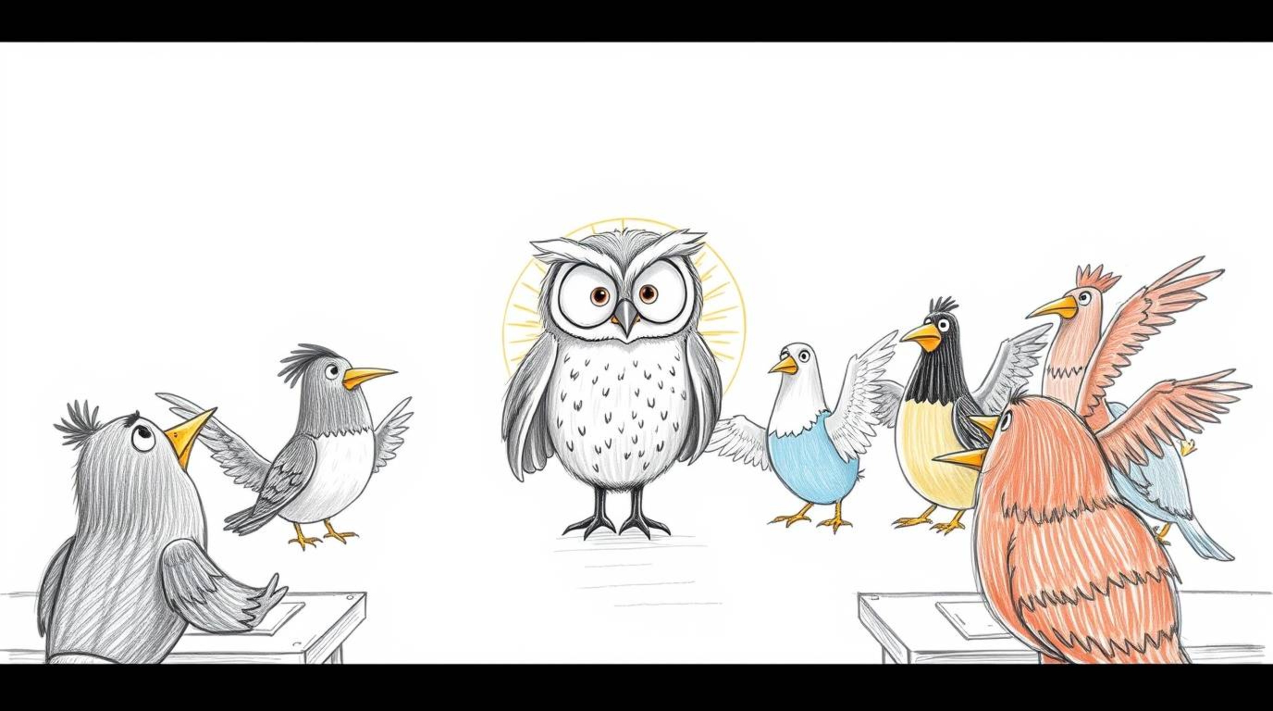 A heartwarming hand-drawn sketch in the style of Pixar, depicting a kind blind owl guiding a diverse class of birds in flight