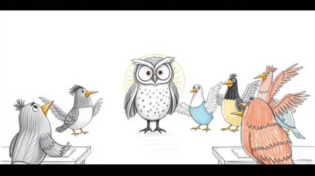A heartwarming hand-drawn sketch in the style of Pixar, depicting a kind blind owl guiding a diverse class of birds in flight