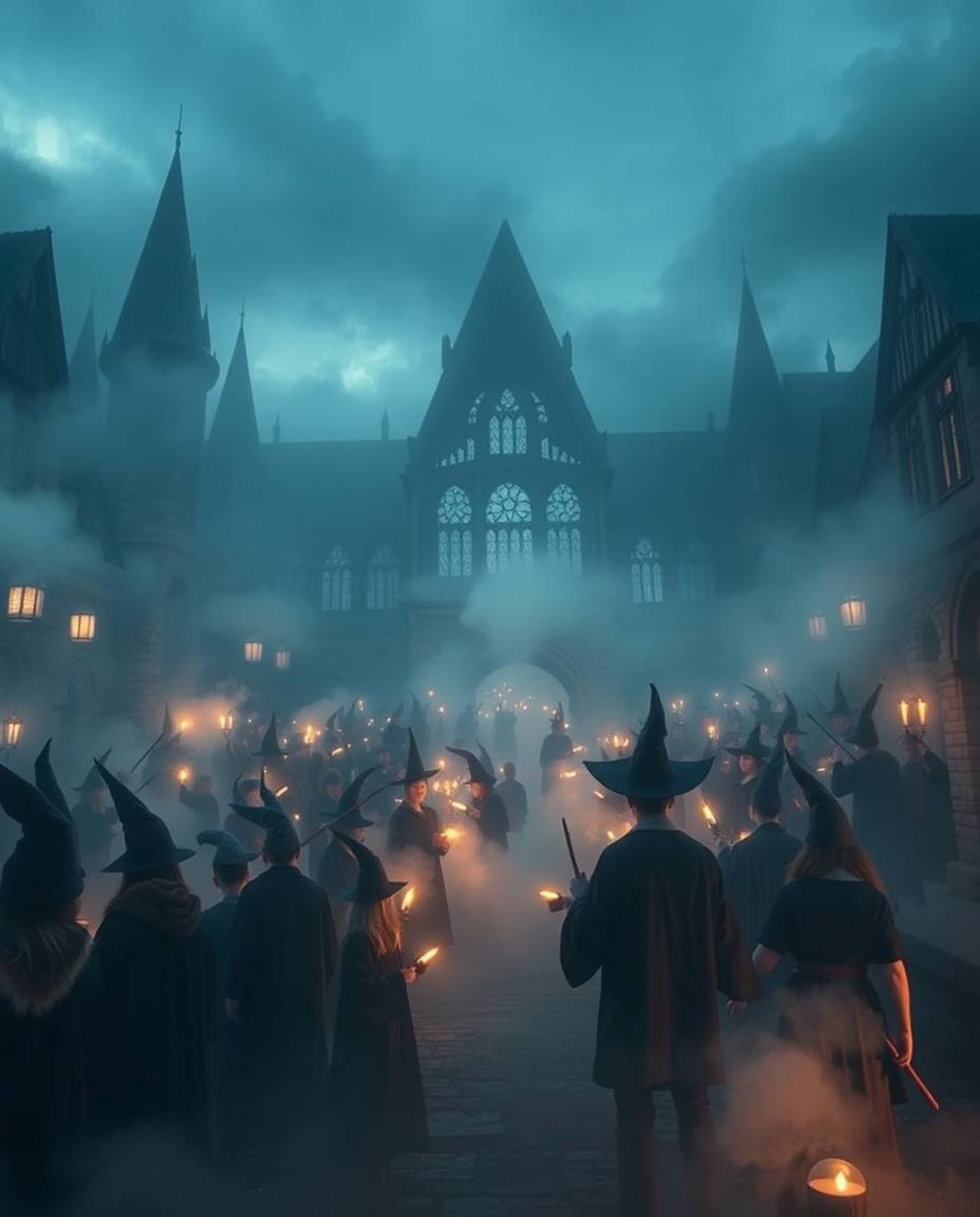 Immerse yourself in a grand epic scene of a magical school brimming with young wizards.  Thick fog shrouds the massive scale 