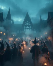 Immerse yourself in a grand epic scene of a magical school brimming with young wizards.  Thick fog shrouds the massive scale 