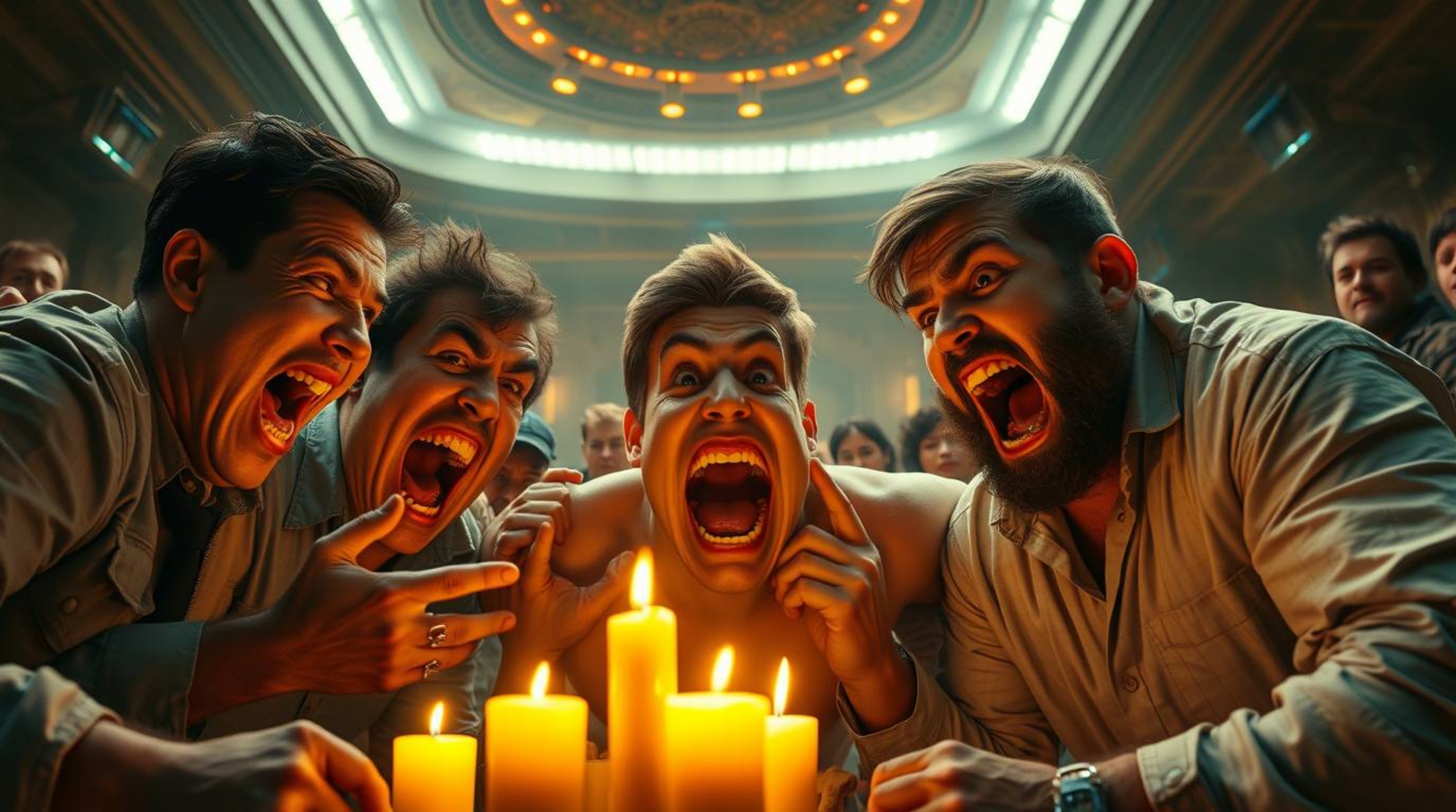 Experience an epic, grand scene depicting a hilarious gross-out comedy moment brought to life with exaggerated expressions. I