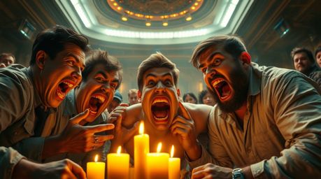 Experience an epic, grand scene depicting a hilarious gross-out comedy moment brought to life with exaggerated expressions. I