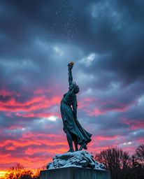 This is a cast bronze sculpture that captures a scene of intense, dramatic weather, with snowflakes falling during a vibrant 