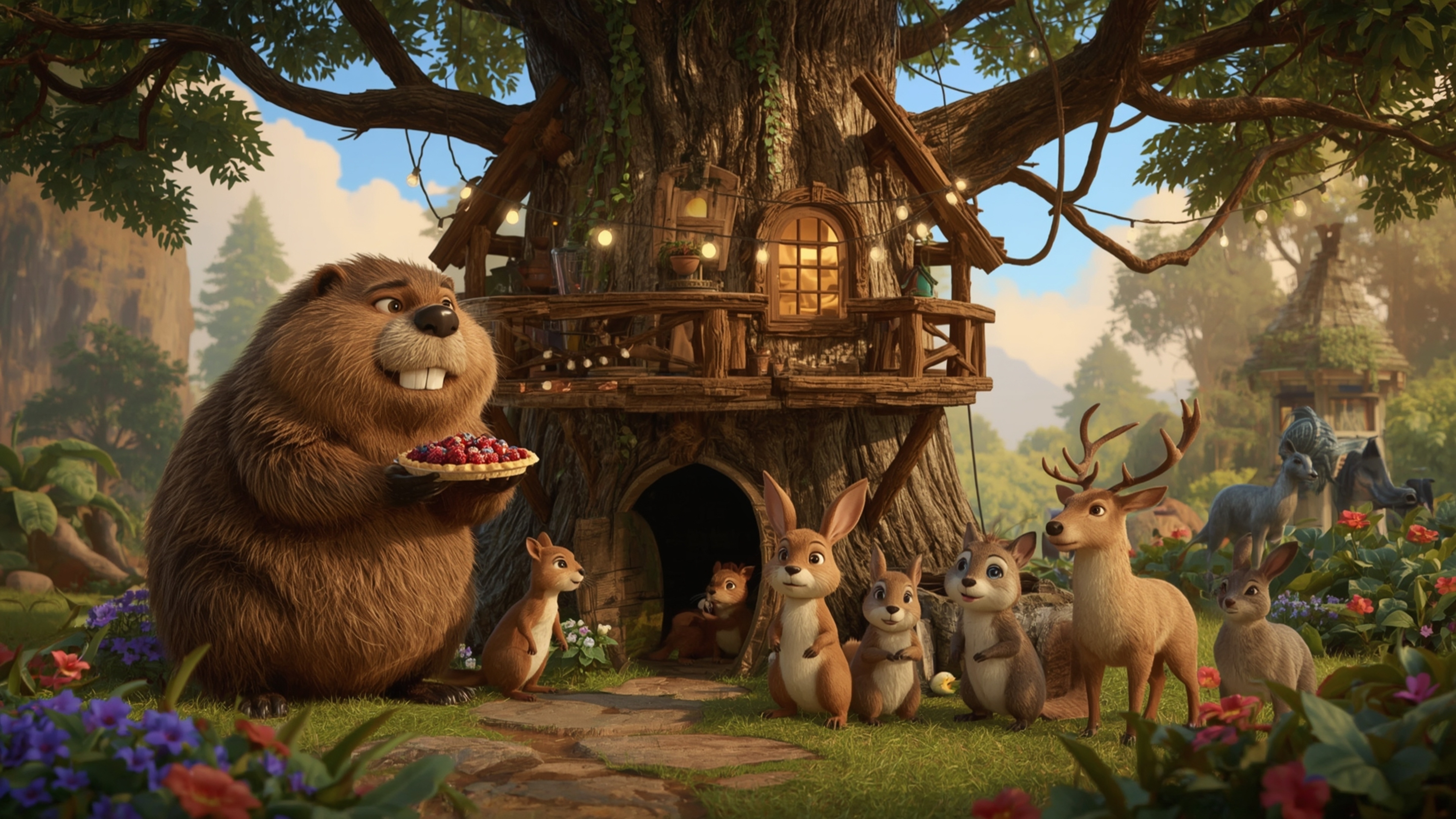 A high-resolution, professionally photographed image, reminiscent of Pixar's animated characters, depicts a beaver building a